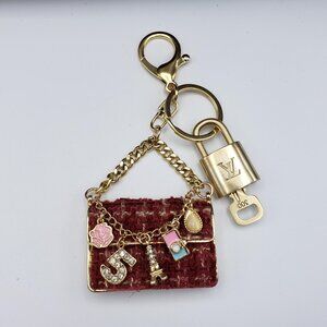 Authentic Louis Vuitton Lock & Key with Unbranded Tweed Bag Charm, Keychain